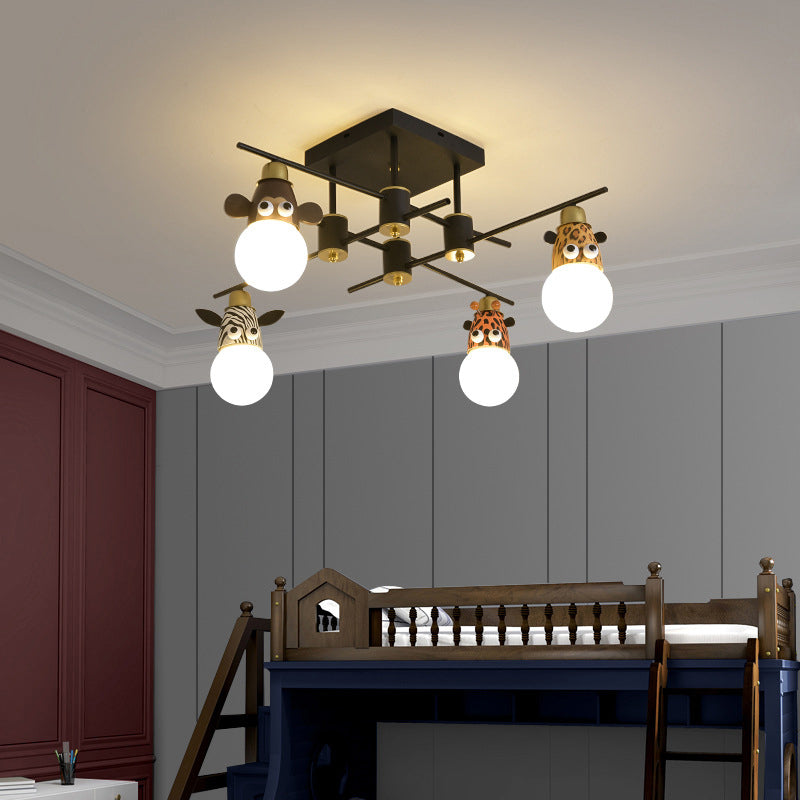 Animal Head Metal Semi Flush Kids Style Black Flush Ceiling Light Fixture for Bedroom 4 Black Clearhalo 'Ceiling Lights' 'Close To Ceiling Lights' 'Close to ceiling' 'Semi-flushmount' Lighting' 2197220