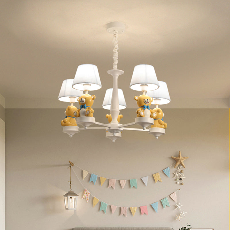 Bucket Chandelier Lighting Kids Pleated Fabric Child Room Pendant Light with Decorative Bear in White Clearhalo 'Ceiling Lights' 'Chandeliers' Lighting' options 2197251