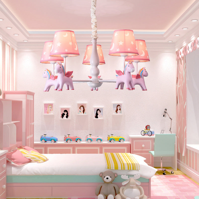 Rainbow Unicorn Ceiling Lighting Kids Style Resin Bedroom Chandelier Light Fixture with Tapered Fabric Shade 5 Pink Clearhalo 'Ceiling Lights' 'Chandeliers' Lighting' options 2197318_a3407c61-d5bf-4e22-9936-49f7acb9e86f