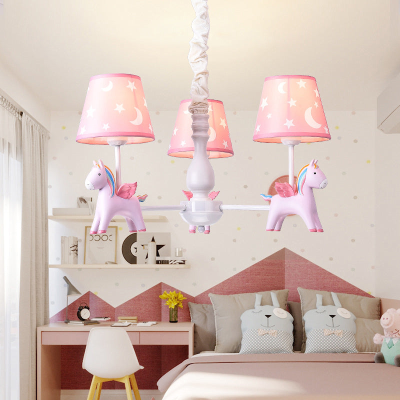 Rainbow Unicorn Ceiling Lighting Kids Style Resin Bedroom Chandelier Light Fixture with Tapered Fabric Shade 3 Pink Clearhalo 'Ceiling Lights' 'Chandeliers' Lighting' options 2197319_2cec7c83-267f-44de-a4b1-7439f892d866