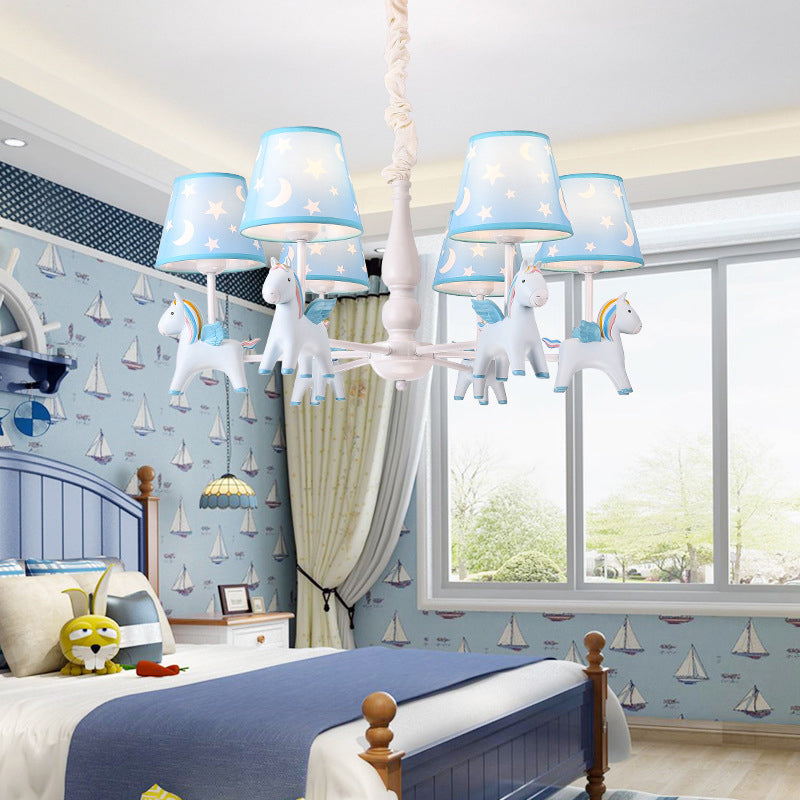 Rainbow Unicorn Ceiling Lighting Kids Style Resin Bedroom Chandelier Light Fixture with Tapered Fabric Shade 6 Blue Clearhalo 'Ceiling Lights' 'Chandeliers' Lighting' options 2197320_9e0561a5-a383-4603-9dea-e8641acef7c7
