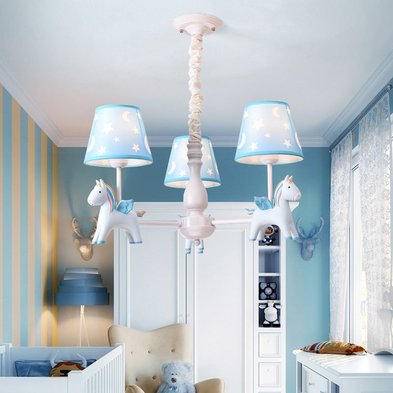 Rainbow Unicorn Ceiling Lighting Kids Style Resin Bedroom Chandelier Light Fixture with Tapered Fabric Shade 3 Blue Clearhalo 'Ceiling Lights' 'Chandeliers' Lighting' options 2197322_241bdb68-f109-4f3f-a6e0-766659ebbed8