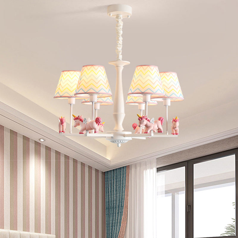 Patterned Fabric Tapered Chandelier Pendant Light Cartoon Pink Hanging Light with Unicorn Decor 6 Pink B Clearhalo 'Ceiling Lights' 'Chandeliers' Lighting' options 2197323_be1f8eb3-4edc-4530-adb7-7bfb319032a7