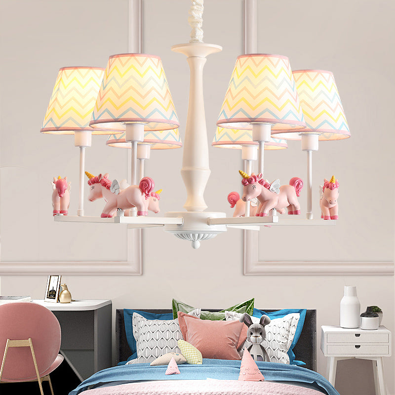 Patterned Fabric Tapered Chandelier Pendant Light Cartoon Pink Hanging Light with Unicorn Decor Clearhalo 'Ceiling Lights' 'Chandeliers' Lighting' options 2197324