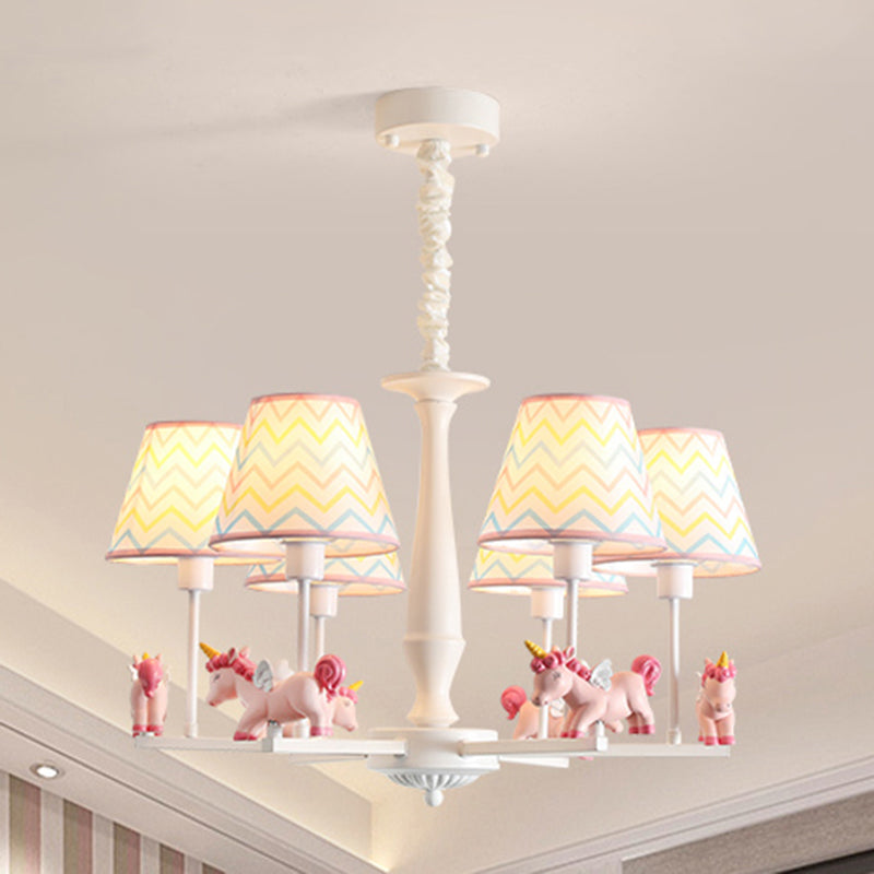 Patterned Fabric Tapered Chandelier Pendant Light Cartoon Pink Hanging Light with Unicorn Decor Clearhalo 'Ceiling Lights' 'Chandeliers' Lighting' options 2197325