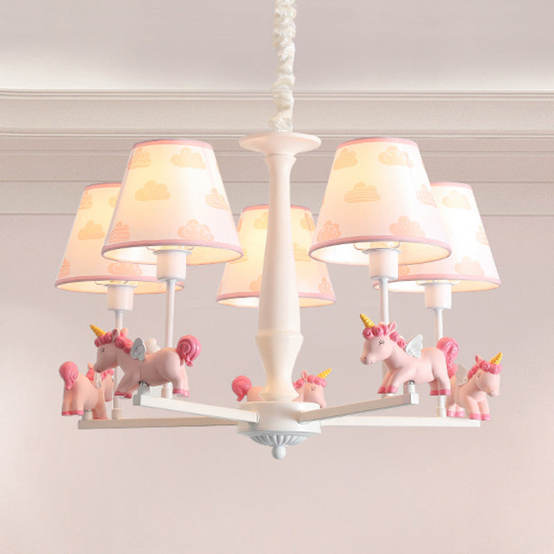 Patterned Fabric Tapered Chandelier Pendant Light Cartoon Pink Hanging Light with Unicorn Decor 6 Pink A Clearhalo 'Ceiling Lights' 'Chandeliers' Lighting' options 2197327_5e14eb57-05d0-4912-8c6c-5ca090cf23e9