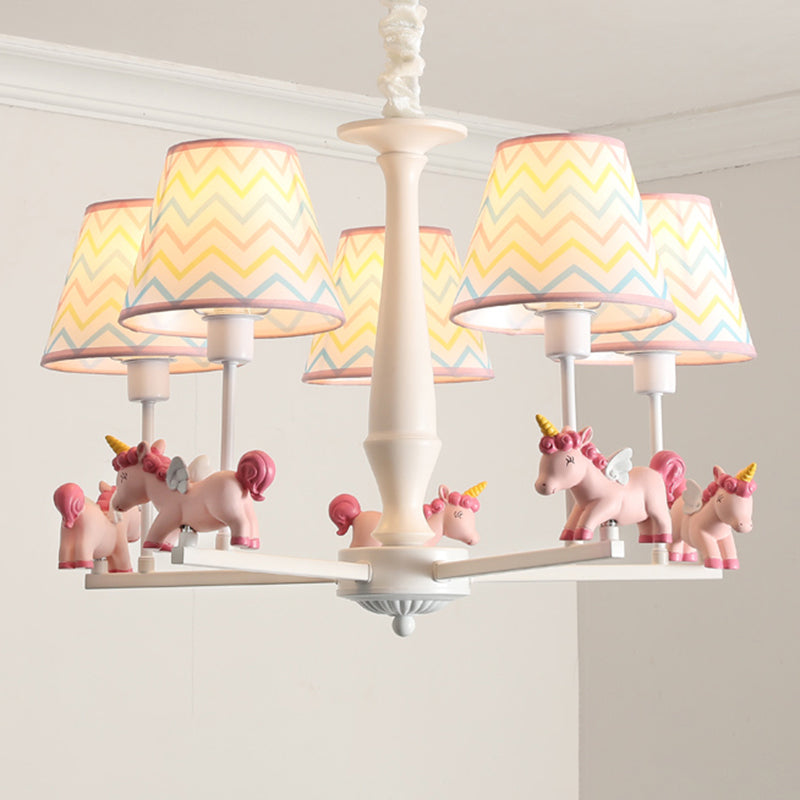 Patterned Fabric Tapered Chandelier Pendant Light Cartoon Pink Hanging Light with Unicorn Decor 5 Pink B Clearhalo 'Ceiling Lights' 'Chandeliers' Lighting' options 2197328_091754d4-662c-4e38-bc4e-7fe5c6aebc56