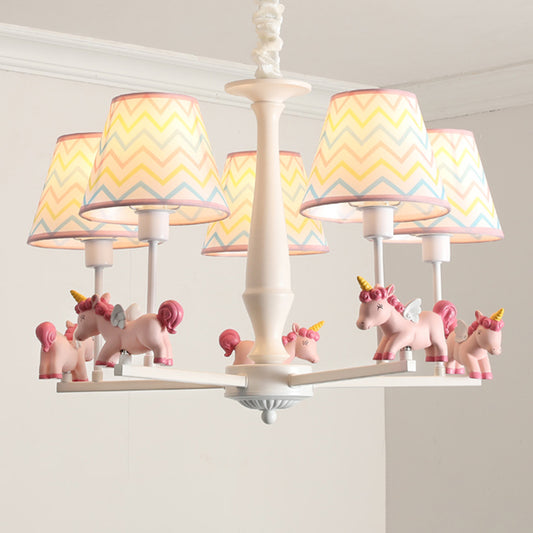 Patterned Fabric Tapered Chandelier Pendant Light Cartoon Pink Hanging Light with Unicorn Decor Clearhalo 'Ceiling Lights' 'Chandeliers' Lighting' options 2197328