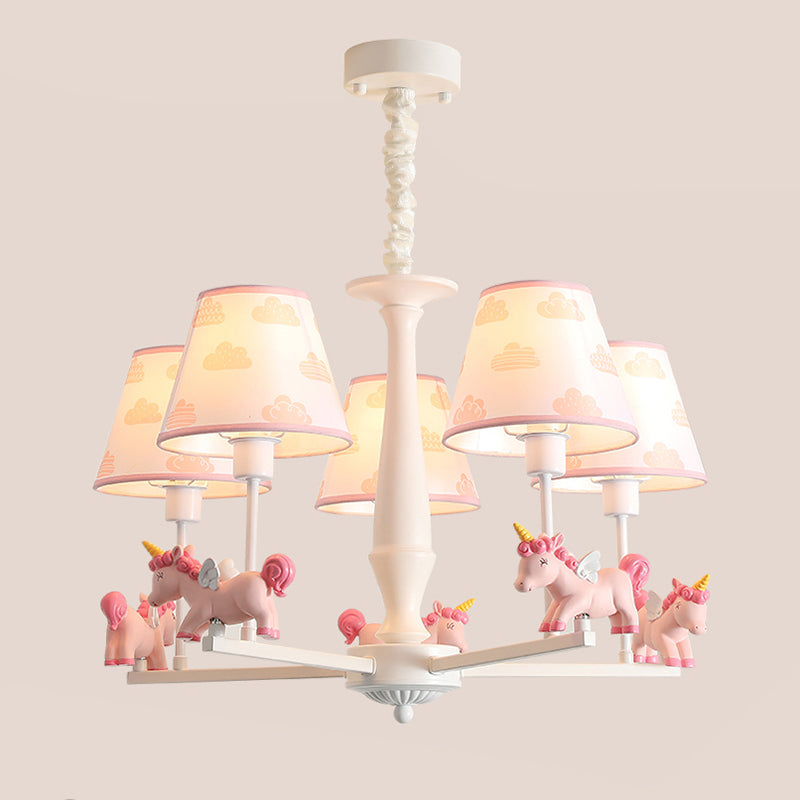 Patterned Fabric Tapered Chandelier Pendant Light Cartoon Pink Hanging Light with Unicorn Decor 5 Pink A Clearhalo 'Ceiling Lights' 'Chandeliers' Lighting' options 2197329_b40014af-9eaa-422f-bea4-f249b0d5b593