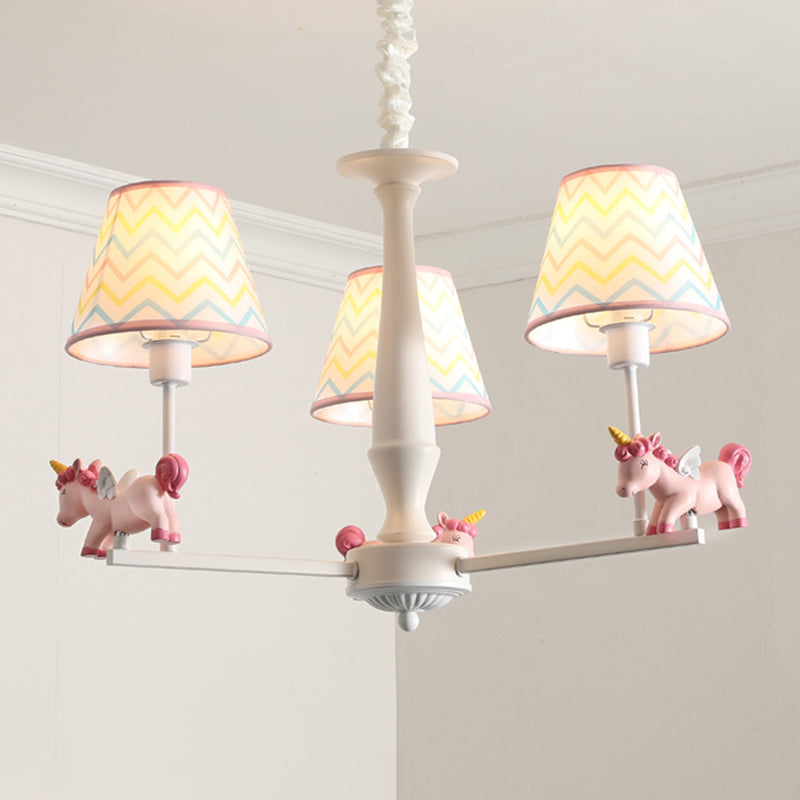 Patterned Fabric Tapered Chandelier Pendant Light Cartoon Pink Hanging Light with Unicorn Decor Clearhalo 'Ceiling Lights' 'Chandeliers' Lighting' options 2197330