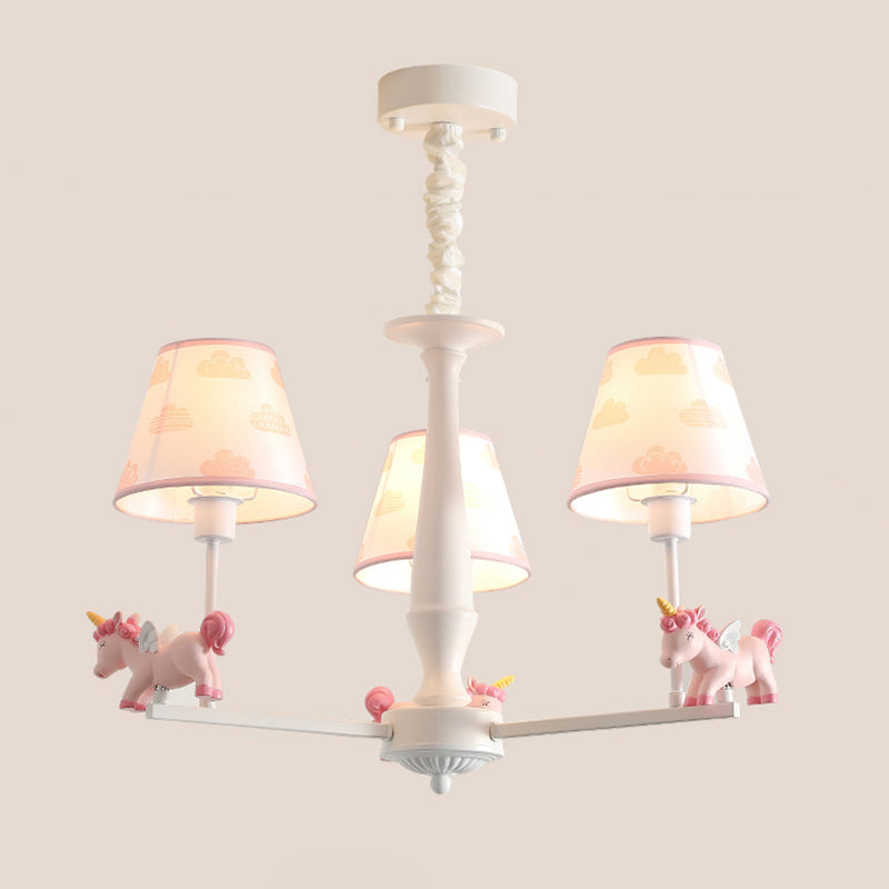 Patterned Fabric Tapered Chandelier Pendant Light Cartoon Pink Hanging Light with Unicorn Decor 3 Pink A Clearhalo 'Ceiling Lights' 'Chandeliers' Lighting' options 2197331_19a7ffdc-2d49-4faa-bf5a-1525bab0be5b