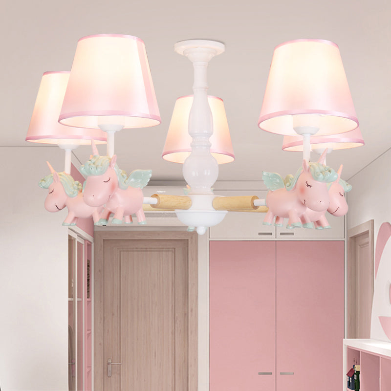 Flying Unicorn Bedroom Chandelier Light Resin Cartoon Pendant Light Fixture with Fabric Shade 5 Pink Clearhalo 'Ceiling Lights' 'Chandeliers' Lighting' options 2197333_ea1918b9-1845-4ce8-b219-6804f899909c