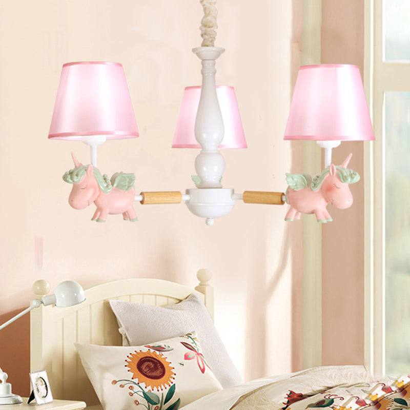 Flying Unicorn Bedroom Chandelier Light Resin Cartoon Pendant Light Fixture with Fabric Shade 3 Pink Clearhalo 'Ceiling Lights' 'Chandeliers' Lighting' options 2197338_3a55f96d-9d98-40ef-915f-41cbedaf56bf