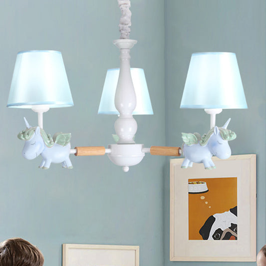 Flying Unicorn Bedroom Chandelier Light Resin Cartoon Pendant Light Fixture with Fabric Shade 3 Blue