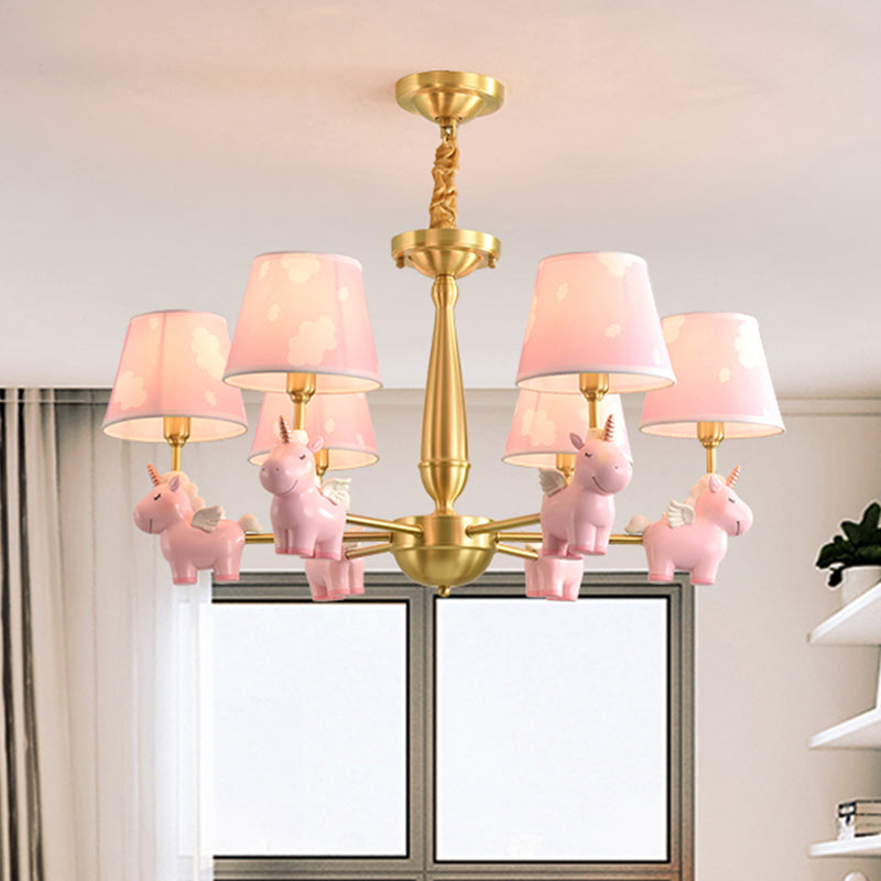Kids Style Bucket Suspension Light Fabric Child Room Chandelier Light with Resin Unicorn 6 Pink Clearhalo 'Ceiling Lights' 'Chandeliers' Lighting' options 2197343_a2bd905e-d1f6-4700-8325-e341f0a636d1