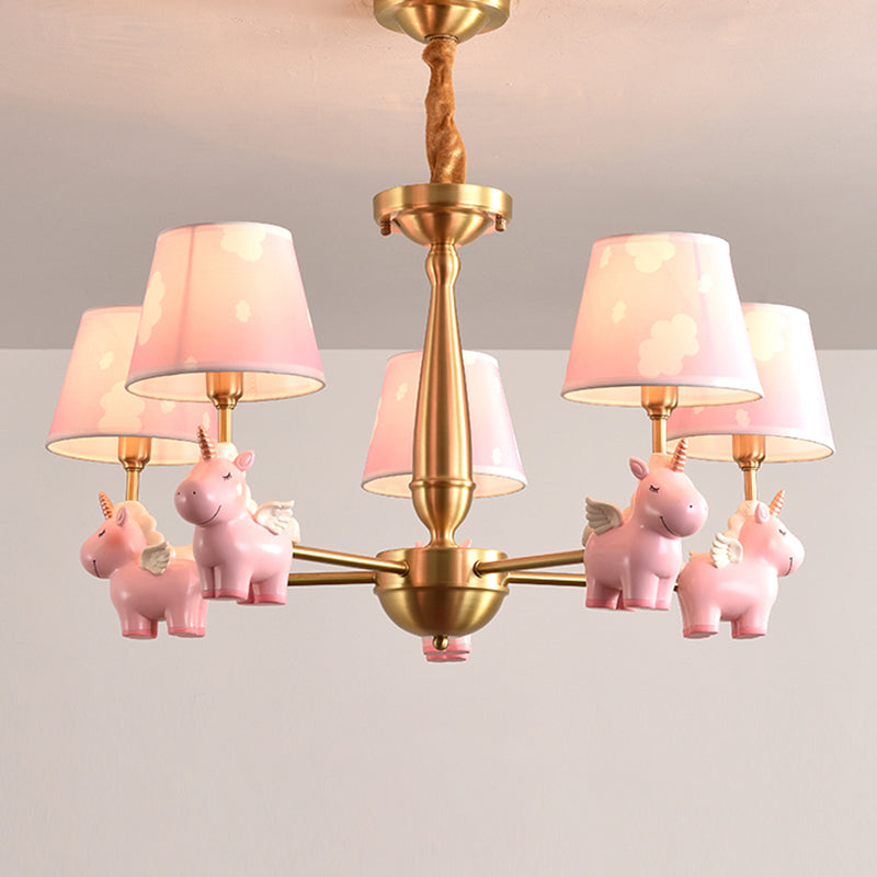 Kids Style Bucket Suspension Light Fabric Child Room Chandelier Light with Resin Unicorn 5 Pink Clearhalo 'Ceiling Lights' 'Chandeliers' Lighting' options 2197345_9ae4c7e1-0ece-4ee0-b152-4d61d1427fab