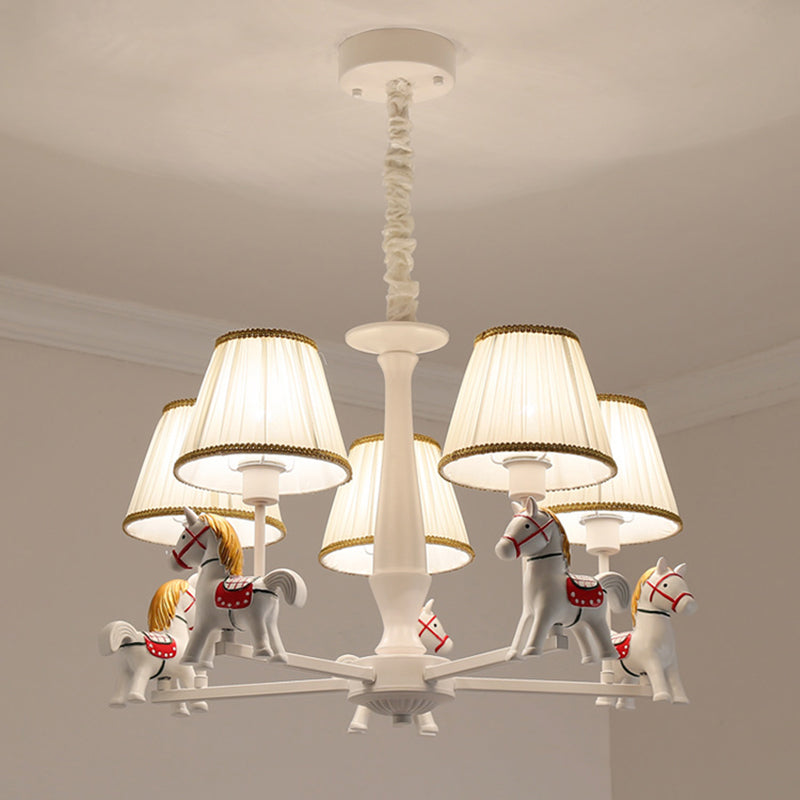 Pleated Fabric Tapered Ceiling Lighting Cartoon White Chandelier Light Fixture with Resin Horse Clearhalo 'Ceiling Lights' 'Chandeliers' Lighting' options 2197359
