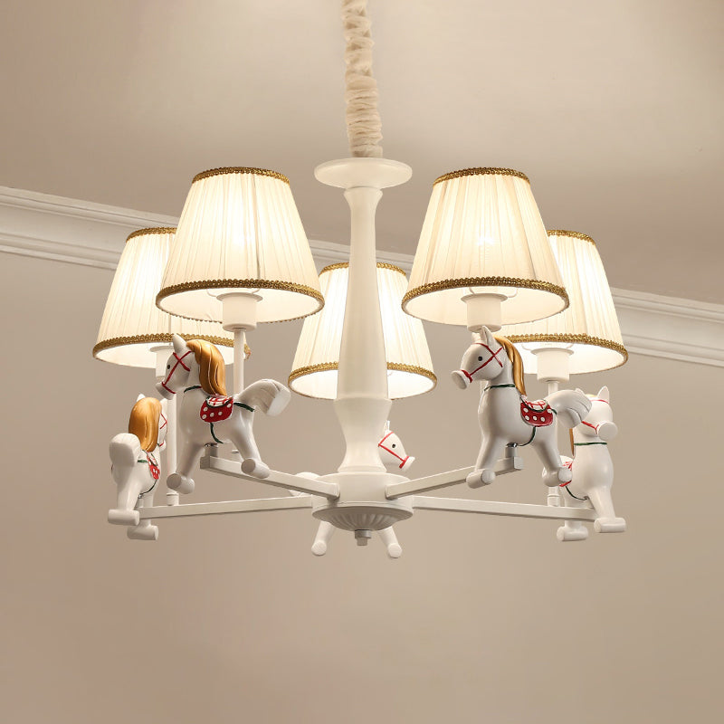 Pleated Fabric Tapered Ceiling Lighting Cartoon White Chandelier Light Fixture with Resin Horse Clearhalo 'Ceiling Lights' 'Chandeliers' Lighting' options 2197361