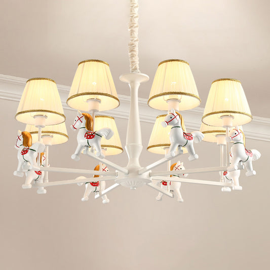 Pleated Fabric Tapered Ceiling Lighting Cartoon White Chandelier Light Fixture with Resin Horse Clearhalo 'Ceiling Lights' 'Chandeliers' Lighting' options 2197363