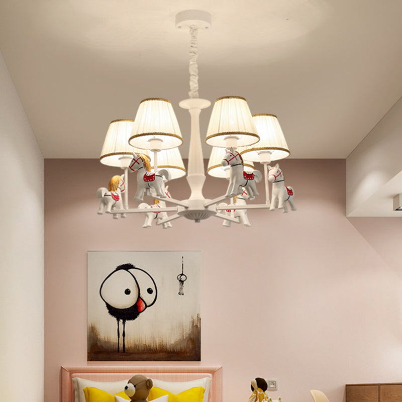 Pleated Fabric Tapered Ceiling Lighting Cartoon White Chandelier Light Fixture with Resin Horse Clearhalo 'Ceiling Lights' 'Chandeliers' Lighting' options 2197364