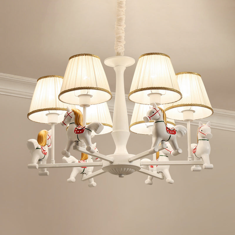 Pleated Fabric Tapered Ceiling Lighting Cartoon White Chandelier Light Fixture with Resin Horse Clearhalo 'Ceiling Lights' 'Chandeliers' Lighting' options 2197365