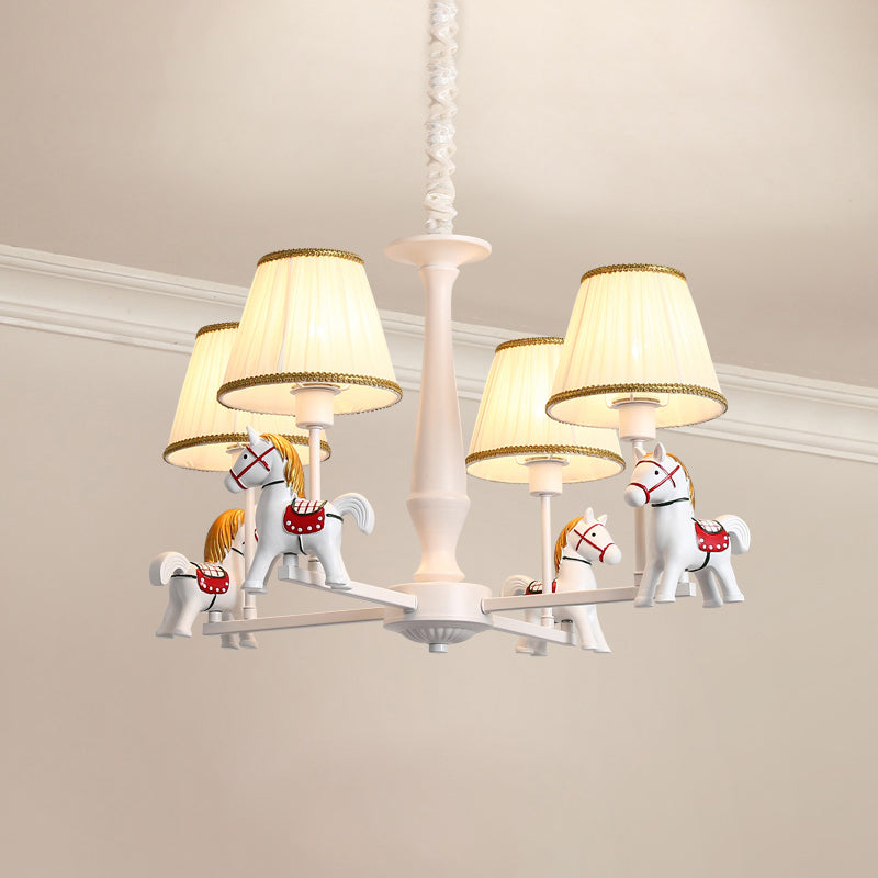 Pleated Fabric Tapered Ceiling Lighting Cartoon White Chandelier Light Fixture with Resin Horse Clearhalo 'Ceiling Lights' 'Chandeliers' Lighting' options 2197366