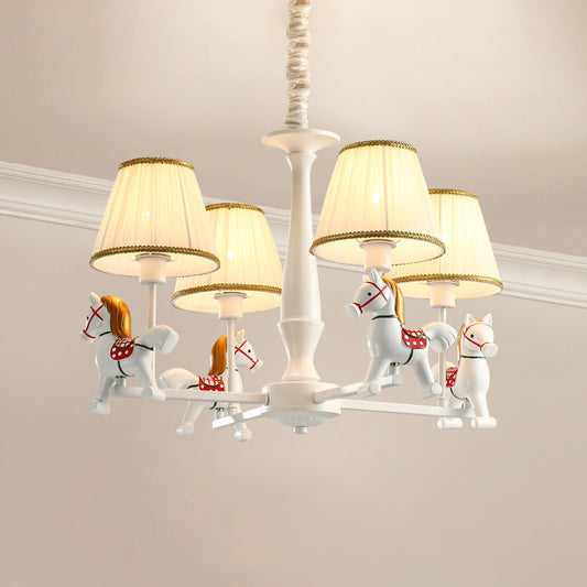 Pleated Fabric Tapered Ceiling Lighting Cartoon White Chandelier Light Fixture with Resin Horse Clearhalo 'Ceiling Lights' 'Chandeliers' Lighting' options 2197367