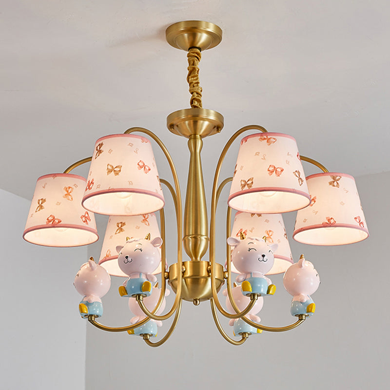Animal Nursery Ceiling Lighting Resin Childrens Chandelier Light Fixture with Tapered Fabric Shade in Gold Clearhalo 'Ceiling Lights' 'Chandeliers' Lighting' options 2197414