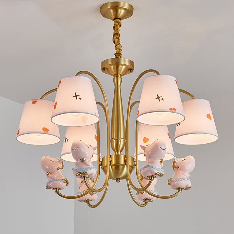 Animal Nursery Ceiling Lighting Resin Childrens Chandelier Light Fixture with Tapered Fabric Shade in Gold Clearhalo 'Ceiling Lights' 'Chandeliers' Lighting' options 2197419