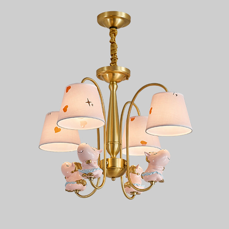 Animal Nursery Ceiling Lighting Resin Childrens Chandelier Light Fixture with Tapered Fabric Shade in Gold Clearhalo 'Ceiling Lights' 'Chandeliers' Lighting' options 2197422