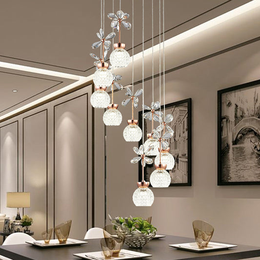 Floral Staircase Multi Light Pendant Crystal Modern LED Hanging Lighting with Dome Shade in Rose Gold 9 Rose Gold Clearhalo 'Ceiling Lights' 'Modern Pendants' 'Modern' 'Pendant Lights' 'Pendants' Lighting' 2197465