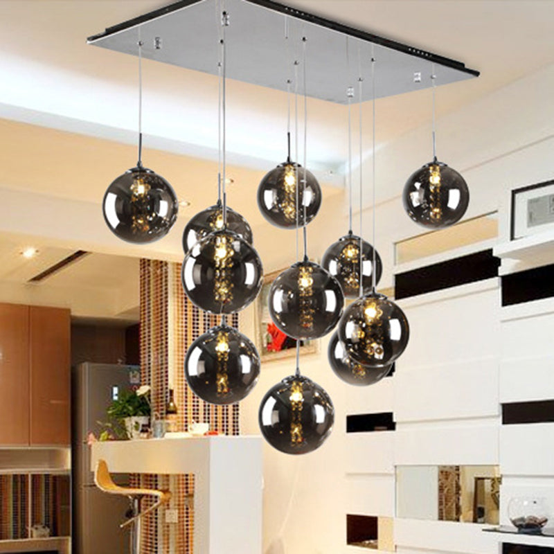 Round Shaded Staircase LED Hanging Lighting Glass Minimalist Multi Light Pendant 11 Smoke Gray Clearhalo 'Ceiling Lights' 'Glass shade' 'Glass' 'Modern Pendants' 'Modern' 'Pendant Lights' 'Pendants' Lighting' 2197487
