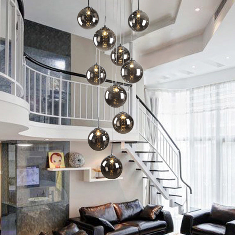 Round Shaded Staircase LED Hanging Lighting Glass Minimalist Multi Light Pendant 10 Smoke Gray Clearhalo 'Ceiling Lights' 'Glass shade' 'Glass' 'Modern Pendants' 'Modern' 'Pendant Lights' 'Pendants' Lighting' 2197490