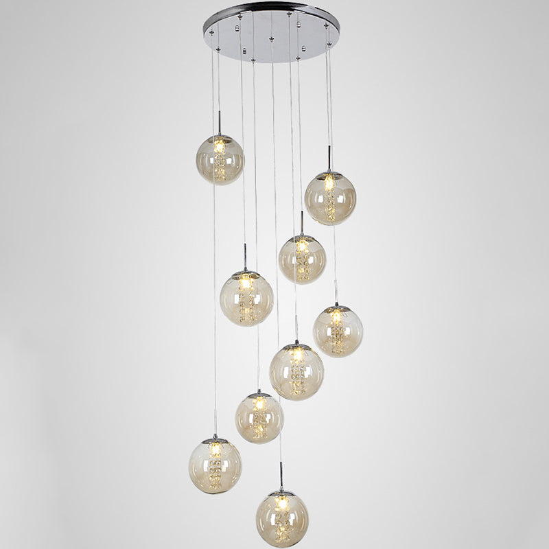Round Shaded Staircase LED Hanging Lighting Glass Minimalist Multi Light Pendant Clearhalo 'Ceiling Lights' 'Glass shade' 'Glass' 'Modern Pendants' 'Modern' 'Pendant Lights' 'Pendants' Lighting' 2197491