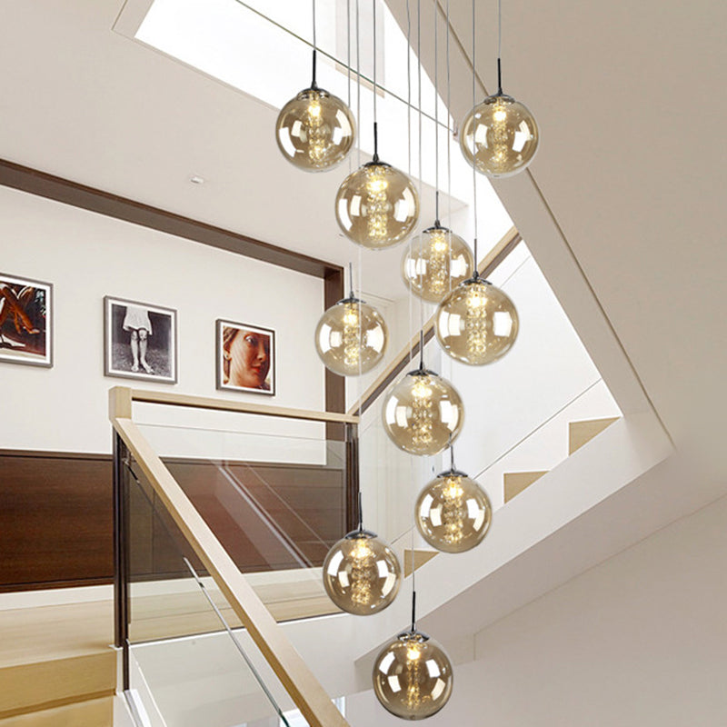 Round Shaded Staircase LED Hanging Lighting Glass Minimalist Multi Light Pendant 10 Amber Clearhalo 'Ceiling Lights' 'Glass shade' 'Glass' 'Modern Pendants' 'Modern' 'Pendant Lights' 'Pendants' Lighting' 2197492