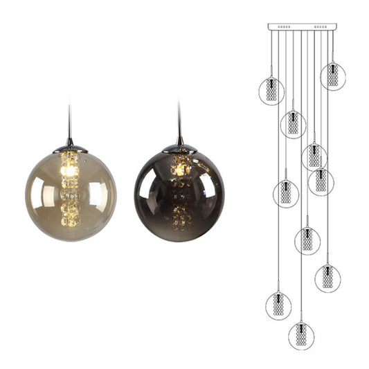 Round Shaded Staircase LED Hanging Lighting Glass Minimalist Multi Light Pendant Clearhalo 'Ceiling Lights' 'Glass shade' 'Glass' 'Modern Pendants' 'Modern' 'Pendant Lights' 'Pendants' Lighting' 2197494