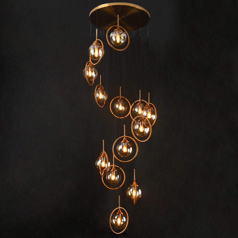 Nordic Style Spiral Ball Hanging Lighting Glass Staircase Multi Light Pendant 13 Amber B Clearhalo 'Ceiling Lights' 'Glass shade' 'Glass' 'Modern Pendants' 'Modern' 'Pendant Lights' 'Pendants' Lighting' 2197512