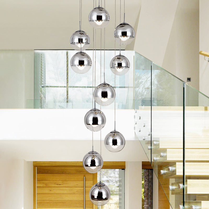 Mirrored Glass Round Shade Suspension Light Simplicity 10 Heads Multi Light Pendant Chrome Clearhalo 'Ceiling Lights' 'Glass shade' 'Glass' 'Modern Pendants' 'Modern' 'Pendant Lights' 'Pendants' Lighting' 2197537
