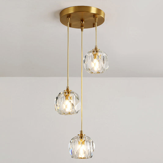 Dome Shade Pendant Light Contemporary Faceted Crystal Staircase Suspension Light Fixture in Brass 3 Brass Clearhalo 'Ceiling Lights' 'Modern Pendants' 'Modern' 'Pendant Lights' 'Pendants' Lighting' 2197554