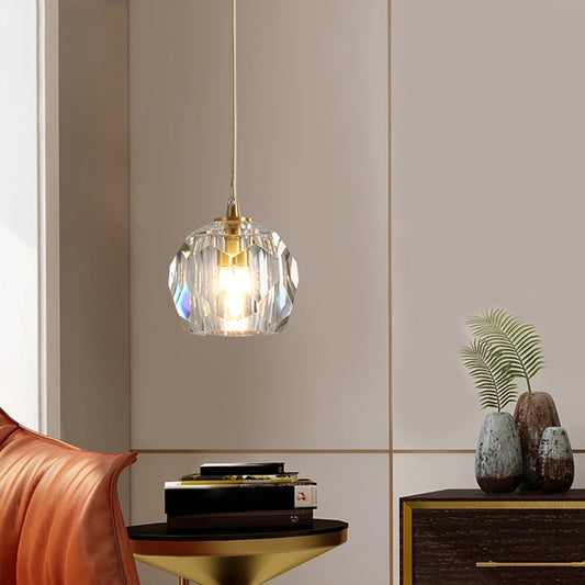 Dome Shade Pendant Light Contemporary Faceted Crystal Staircase Suspension Light Fixture in Brass 1 Brass Clearhalo 'Ceiling Lights' 'Modern Pendants' 'Modern' 'Pendant Lights' 'Pendants' Lighting' 2197555