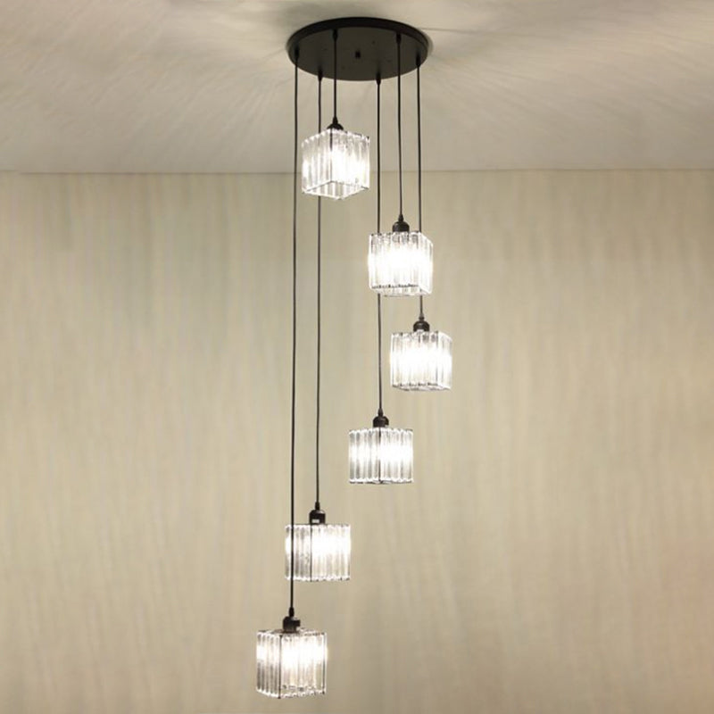 Tri-Prism Crystal Spiral Cube Hanging Light Modern Style 6 Bulbs Multi Light Pendant in Black Clearhalo 'Ceiling Lights' 'Modern Pendants' 'Modern' 'Pendant Lights' 'Pendants' Lighting' 2197563