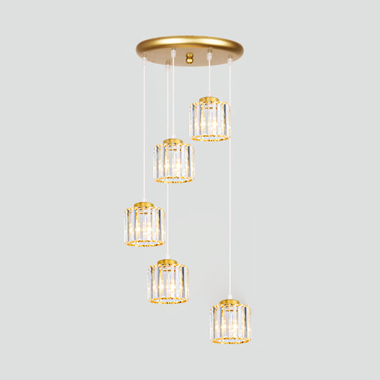 Geometrical Shade Staircase Suspension Light Glass Contemporary Multi Light Pendant 5 Gold Cylinder Clearhalo 'Ceiling Lights' 'Glass shade' 'Glass' 'Modern Pendants' 'Modern' 'Pendant Lights' 'Pendants' Lighting' 2197590