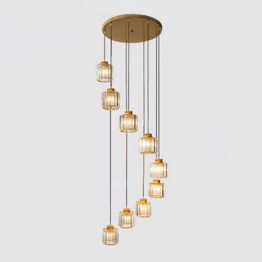 Cylindrical Multi Ceiling Lamp Minimalist Tri-Prism Crystal Staircase Suspension Light Fixture 9 Gold Clearhalo 'Ceiling Lights' 'Modern Pendants' 'Modern' 'Pendant Lights' 'Pendants' Lighting' 2197609