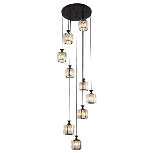 Prismatic Crystal Cylinder Hanging Light Minimalist 9 Bulbs Multi Light Pendant for Staircase Clearhalo 'Ceiling Lights' 'Modern Pendants' 'Modern' 'Pendant Lights' 'Pendants' Lighting' 2197614