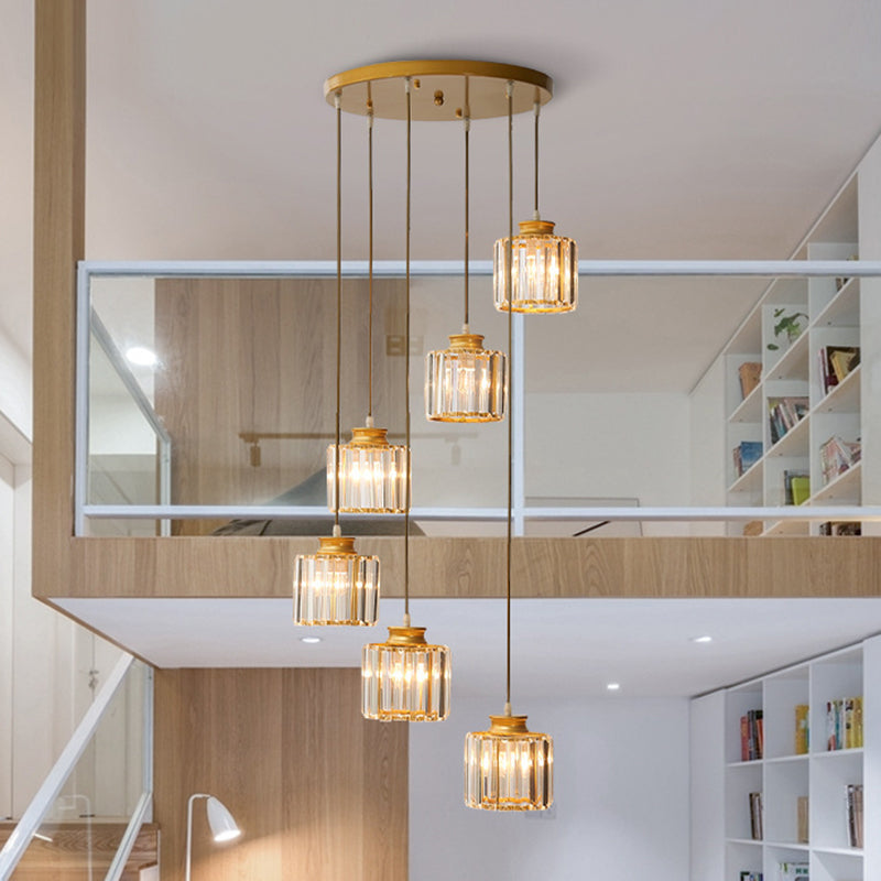 Cylinder Staircase Multi Ceiling Light Clear Crystal Modern Suspension Light Fixture 6 Gold Clearhalo 'Ceiling Lights' 'Modern Pendants' 'Modern' 'Pendant Lights' 'Pendants' Lighting' 2197617