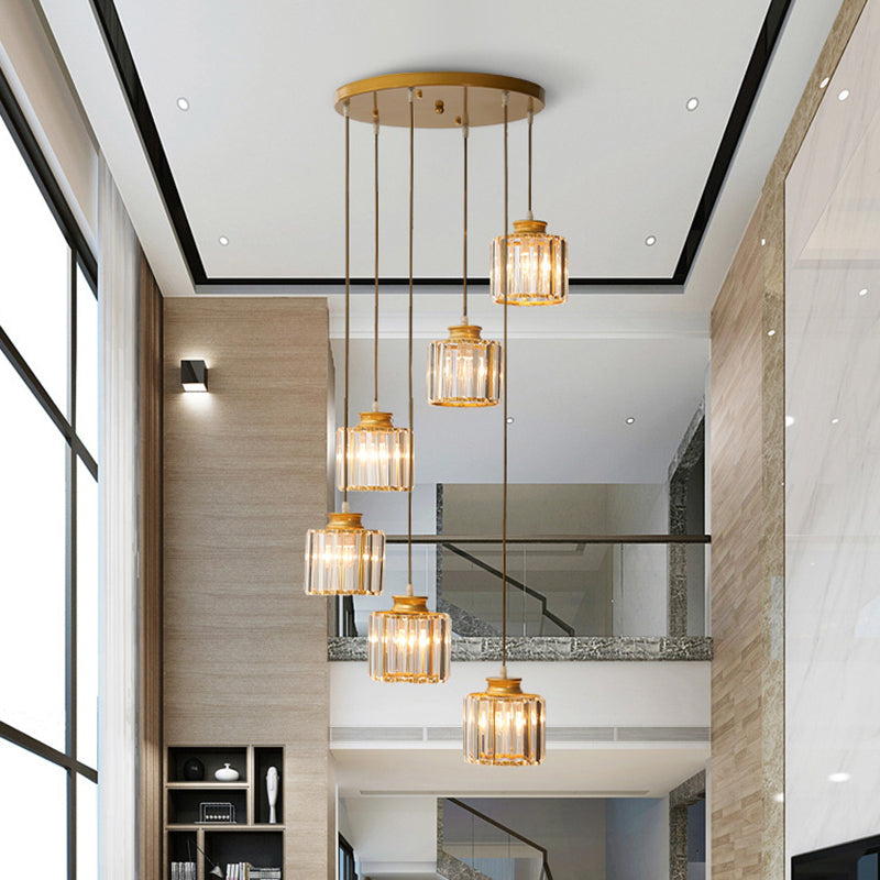 Cylinder Staircase Multi Ceiling Light Clear Crystal Modern Suspension Light Fixture Clearhalo 'Ceiling Lights' 'Modern Pendants' 'Modern' 'Pendant Lights' 'Pendants' Lighting' 2197618