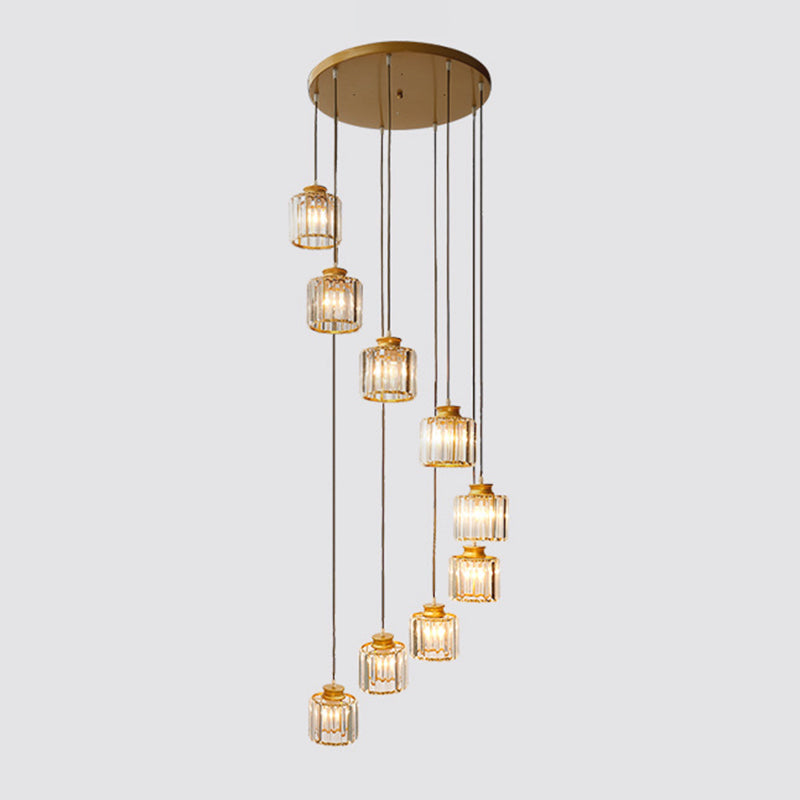 Cylinder Staircase Multi Ceiling Light Clear Crystal Modern Suspension Light Fixture 9 Gold Clearhalo 'Ceiling Lights' 'Modern Pendants' 'Modern' 'Pendant Lights' 'Pendants' Lighting' 2197621