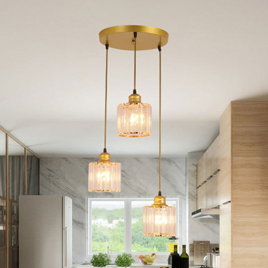 Contemporary Cylinder Suspension Light Crystal 3 Bulbs Dining Room Multi Light Pendant in Gold Gold Round Clearhalo 'Ceiling Lights' 'Modern Pendants' 'Modern' 'Pendant Lights' 'Pendants' Lighting' 2197626