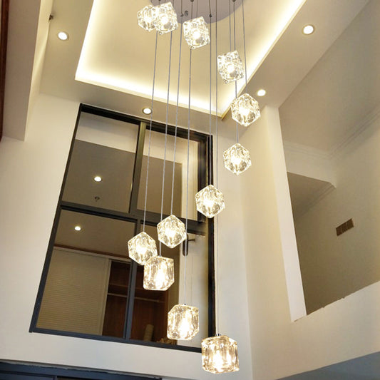 Spiral Square Multi Light Pendant Simplicity Clear Glass 12 Heads Staircase Hanging Lighting in Chrome Clearhalo 'Ceiling Lights' 'Glass shade' 'Glass' 'Modern Pendants' 'Modern' 'Pendant Lights' 'Pendants' Lighting' 2197632