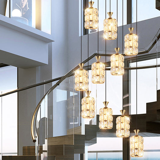 Crystal-Encrusted Cylindrical Multi Ceiling Lamp Modern 10 Bulbs Suspension Light Fixture for Staircase Gold Clearhalo 'Ceiling Lights' 'Modern Pendants' 'Modern' 'Pendant Lights' 'Pendants' Lighting' 2197636